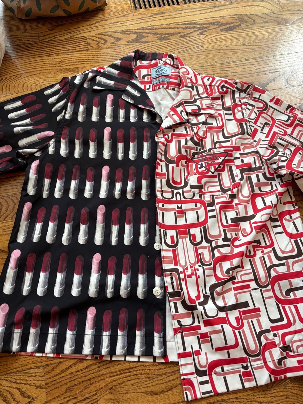 Prada Two-Tone Novelty Print Blouse in Black, White & Red